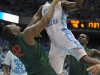 January 10, 2012: Harrison Barnes #40 and Reggie Johnson #42 in action during NCAA Basketball game between the North Carolina Tarheels and University of Miami Hurricanes at The Dean E. Smith Center, Chapel HIll, NC.