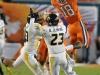 January 04 2011: Jaron Brown #18 attemps to catch a pass over Brodrick Jenkins #23 in action during NCAA football Discover Orange Bowl between West Virginia and Clemson at Sun Life Stadium, Miami Florida.