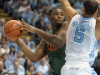 January 10, 2012: Reggie Johnson #42 and Kendall Marshall #5 in action during NCAA Basketball game between the North Carolina Tarheels and University of Miami Hurricanes at The Dean E. Smith Center, Chapel HIll, NC.